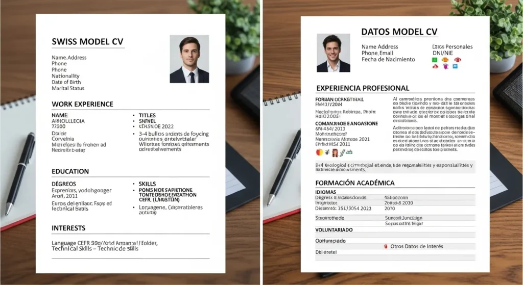 Comparativa visual de dos plantillas de currículum: el "Swiss Model CV" frente al modelo de datos estándar, destacando las diferencias de estructura y secciones necesarias para empresas suizas.