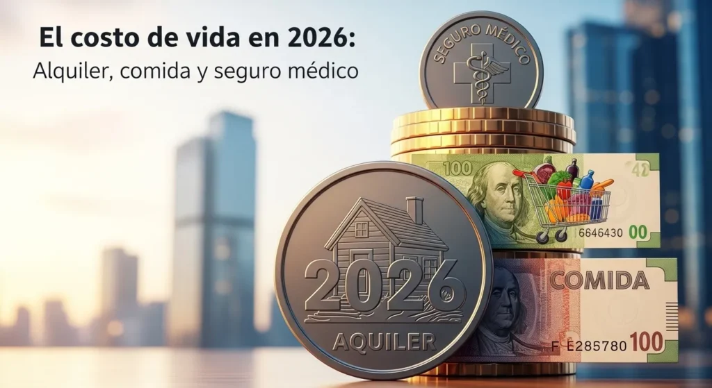 Composición gráfica sobre el coste de vida en 2026 que incluye iconos de monedas y billetes representando los gastos principales: alquiler de vivienda, comida y seguro médico.