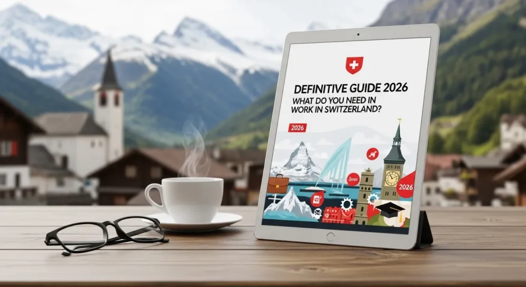 Tablet sobre una mesa de madera con la portada de la "Definitive Guide 2026: What do you need to work in Switzerland", con un paisaje alpino de fondo y una taza de café.