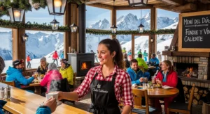 Camarera sonriente sirviendo café en un restaurante acogedor de una estación de esquí en los Alpes suizos, representando el trabajo de temporada en hostelería.