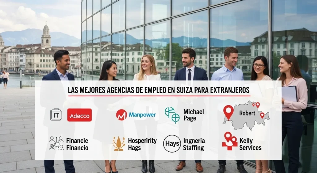 Grupo de profesionales frente a un edificio de oficinas moderno en Suiza con logotipos de agencias de empleo como Adecco, Manpower, Michael Page y Kelly Services para extranjeros.
