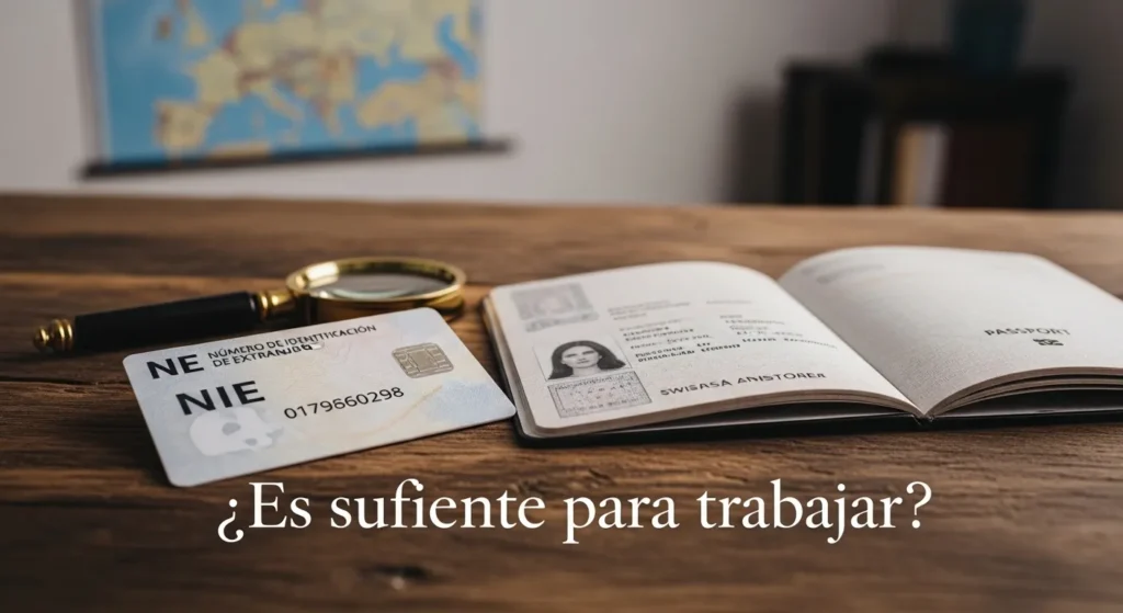 Un pasaporte y una tarjeta de identidad NIE español sobre una mesa de madera con una lupa, planteando si estos documentos son suficientes para trabajar legalmente en Suiza.