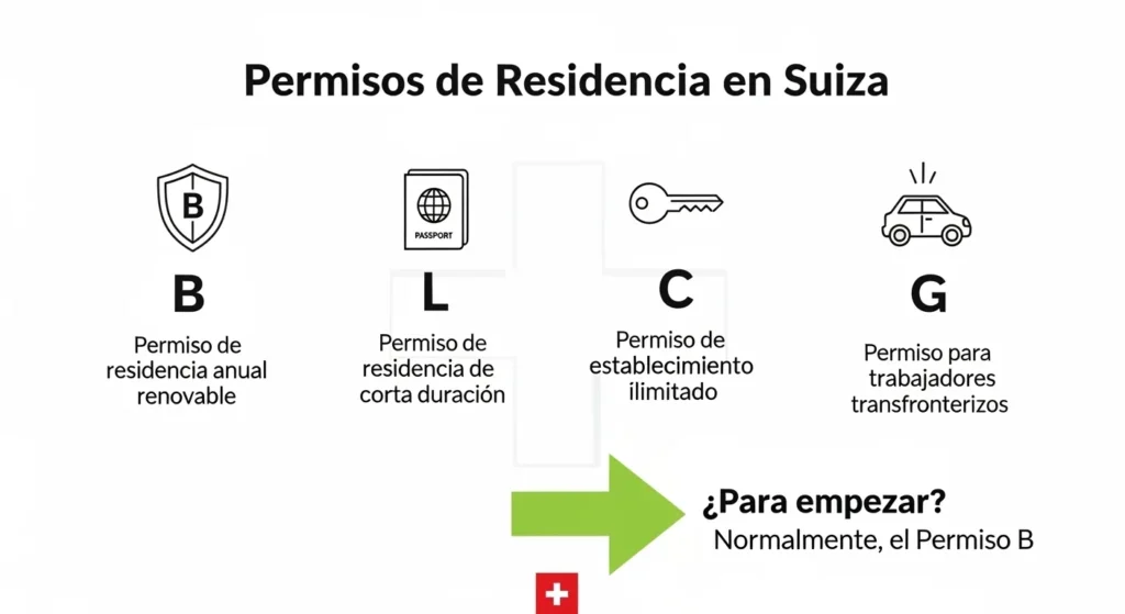 Guía de permisos de residencia en Suiza que explica los tipos B (anual), L (corta duración), C (establecimiento ilimitado) y G (transfronterizo), indicando que el B es el habitual para empezar.