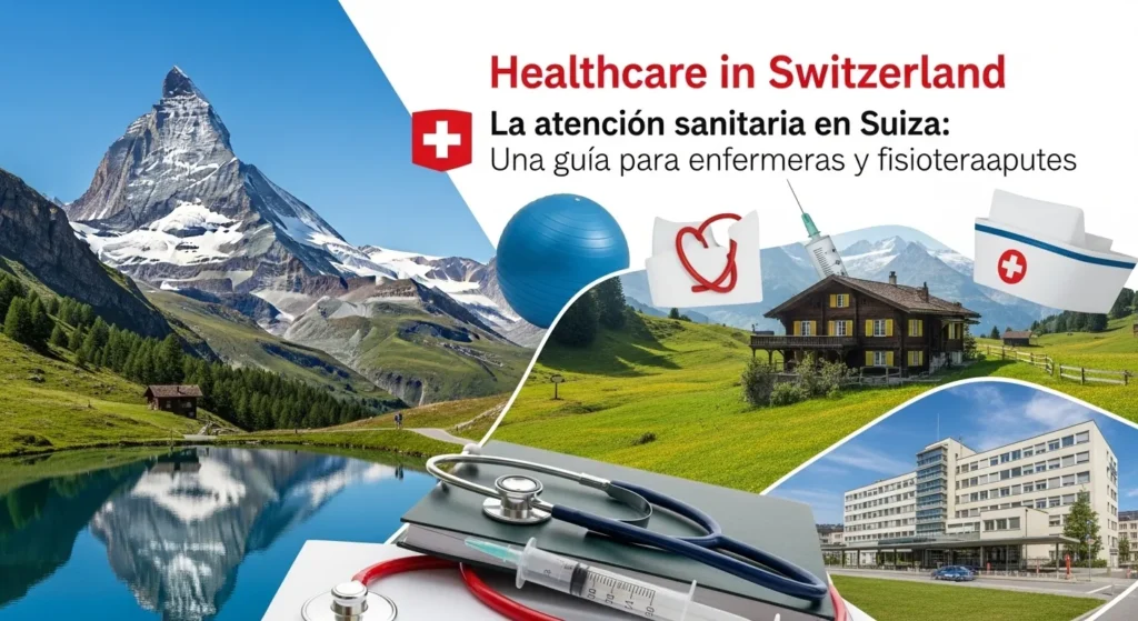 Collage informativo sobre sanidad en Suiza que incluye el Monte Cervino, un hospital moderno, instrumental médico (estetoscopio y jeringuilla) y material de fisioterapia como una pelota de Pilates.