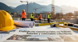 Primer plano de planos técnicos, casco amarillo y herramientas sobre una mesa de obra, con una noticia destacada sobre salarios y convenios colectivos en el sector de la construcción en Suiza.