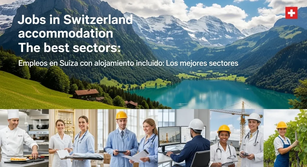 Banner que muestra paisajes alpinos suizos y una cuadrícula con diversos profesionales (cocineros, enfermeras, ingenieros y agricultores) bajo el título de empleos en Suiza con alojamiento incluido.