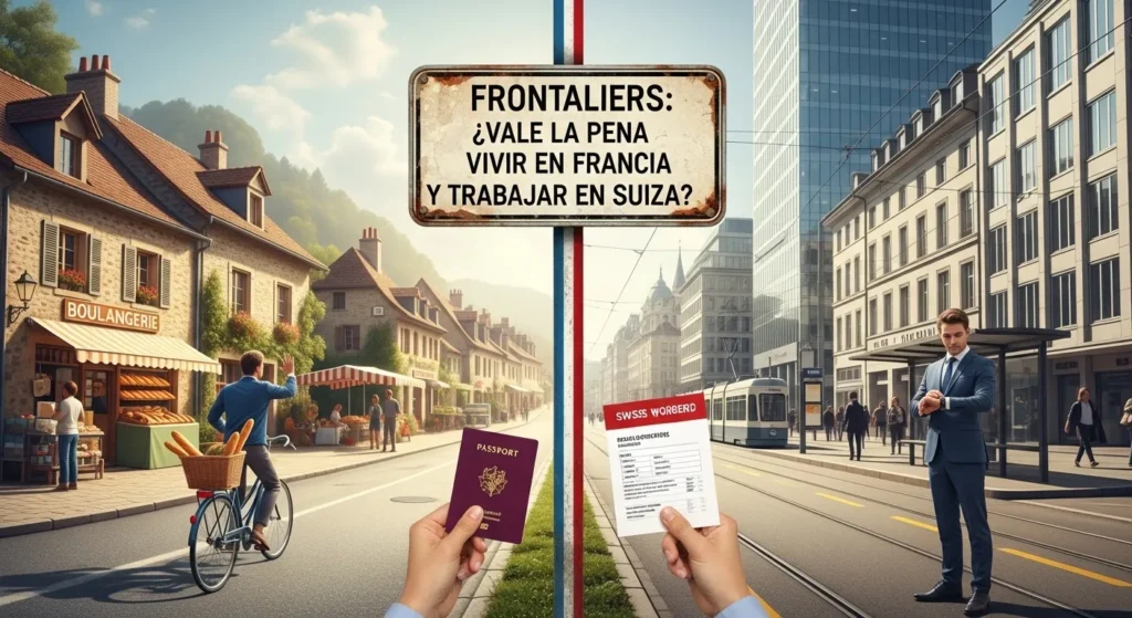 Infografía sobre trabajadores frontaliers que muestra la comparativa entre vivir en Francia (estilo rural y panadería) y trabajar en Suiza (entorno urbano y moderno), con un cartel central que pregunta si vale la pena.