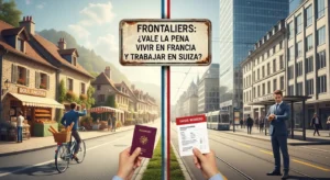 Infografía sobre trabajadores frontaliers que muestra la comparativa entre vivir en Francia (estilo rural y panadería) y trabajar en Suiza (entorno urbano y moderno), con un cartel central que pregunta si vale la pena.