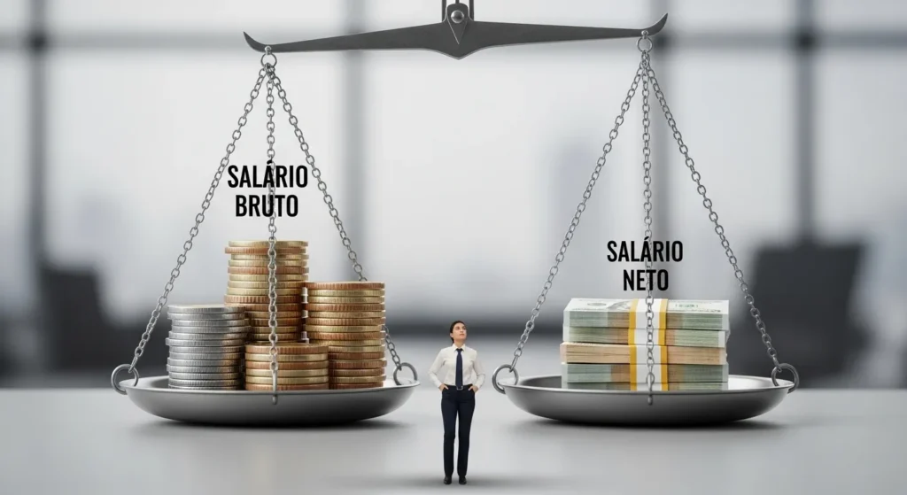 Representación visual de una balanza comparando el salario bruto frente al salario neto en Suiza, mostrando pilas de monedas de oro frente a fajos de billetes para explicar las deducciones salariales.