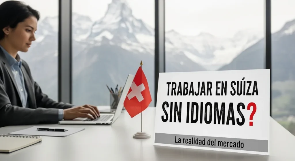 Mujer trabajando con ordenador portátil frente a una ventana con vistas a los Alpes suizos y un cartel que plantea la realidad del mercado laboral sobre trabajar en Suiza sin saber idiomas.